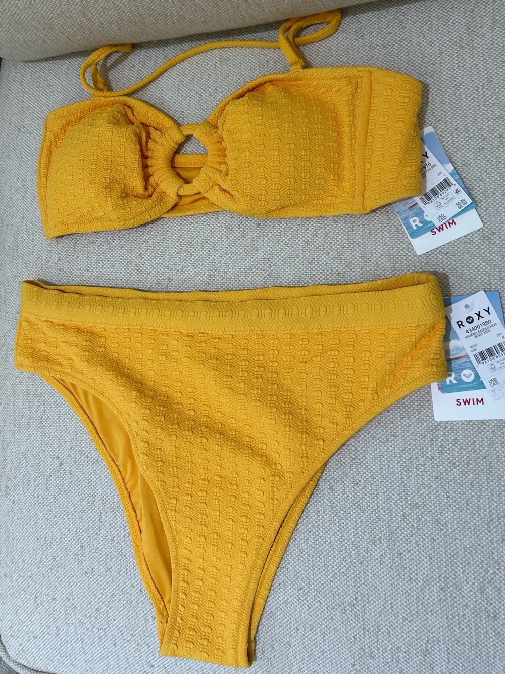 Roxy Textured Yellow Bandeau Swim Set Top Size L Bottoms Size M NWT Coastal Swim